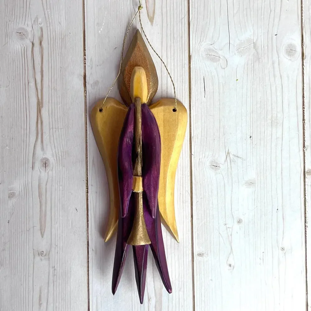 Handcrafted Wooden Angel Ornament Gold Painted Wings Purple Robe Horn Signed